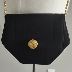 Rodo Vintage Black Crossbody Sateen Evening Bag with Gold Metal Chain